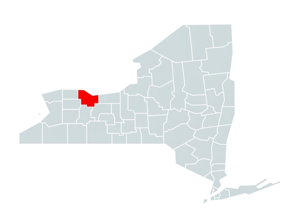 A map of New York state with Monroe County highlighted in red.