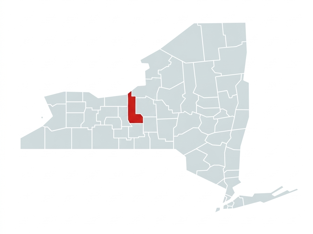 A map of New York State with Cayuga County highlighted in red.