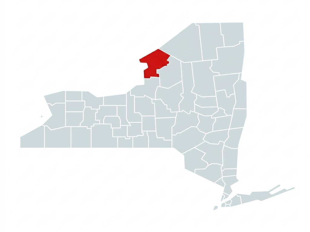 A map of New York State with Jefferson County highlighted in red.