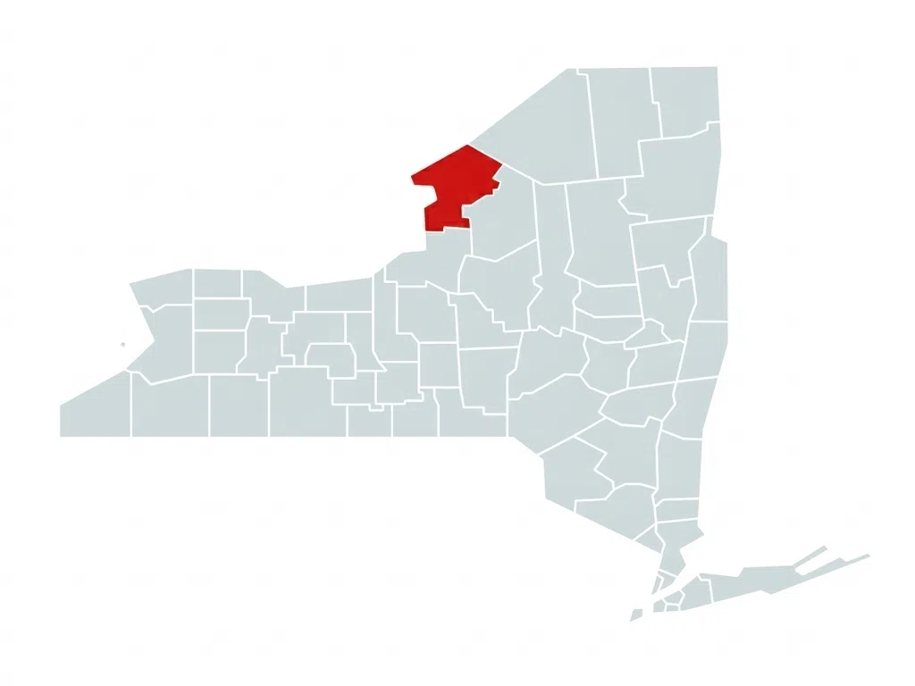 A map of New York State with Jefferson County highlighted in red.