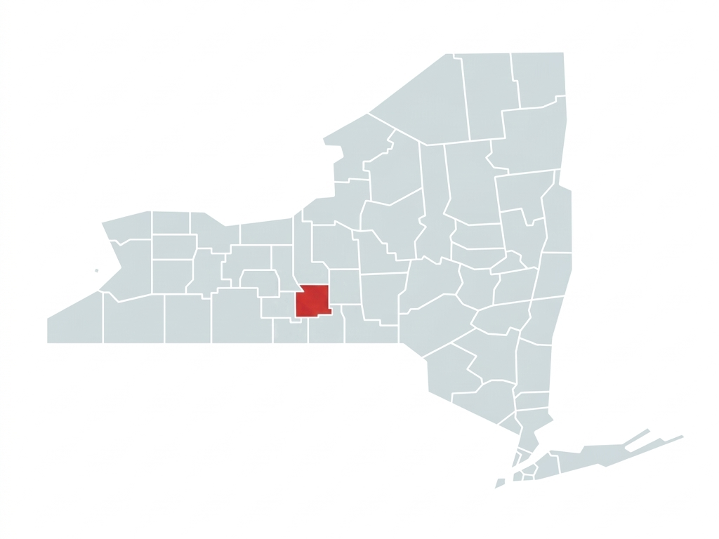 A map of New York State with Tompkins County highlighted in red.