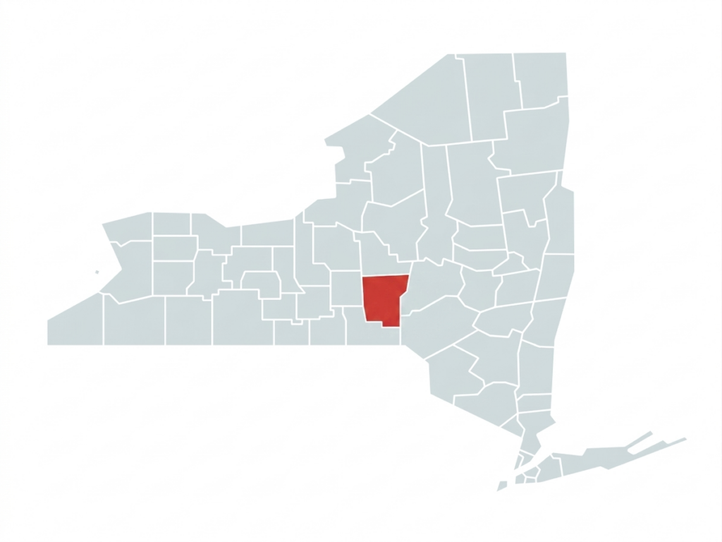 A map of New York State with Chenango County highlighted in red.