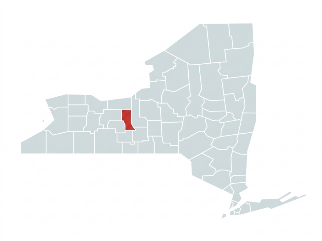 A map of New York State with Seneca County highlighted in red.
